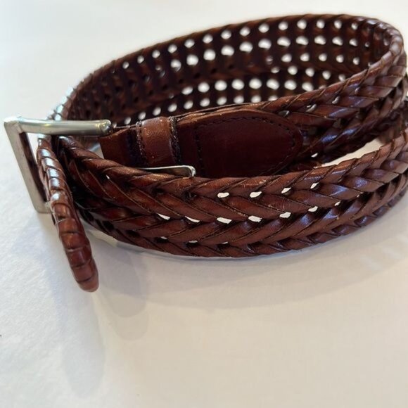Fossil Genuine Leather Men's Braided Woven Brown Belt size 34 Brass Buckle - Picture 1 of 13